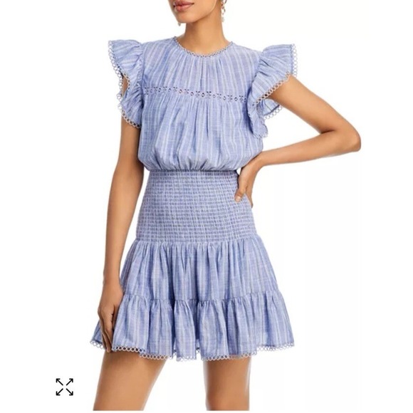 Aqua Cotton Smocked Mini Dress Size Large Flutter Cap Sleeves, Tiered Hem Lined - Picture 2 of 11